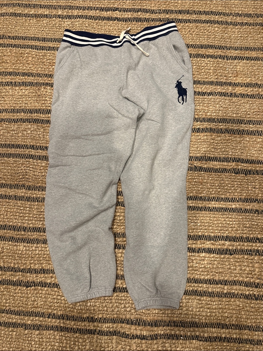 Ralph Lauren Gray Sweatpants with Navy Pony and Striped Waistband